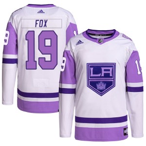 Jim Fox Men's Adidas Los Angeles Kings Authentic White/Purple Hockey Fights Cancer Primegreen Jersey