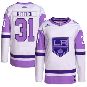 David Rittich Men's Adidas Los Angeles Kings Authentic White/Purple Hockey Fights Cancer Primegreen Jersey