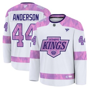 Mikey Anderson Men's Fanatics Los Angeles Kings Premium White 2024 Hockey Fights Cancer Practice Jersey